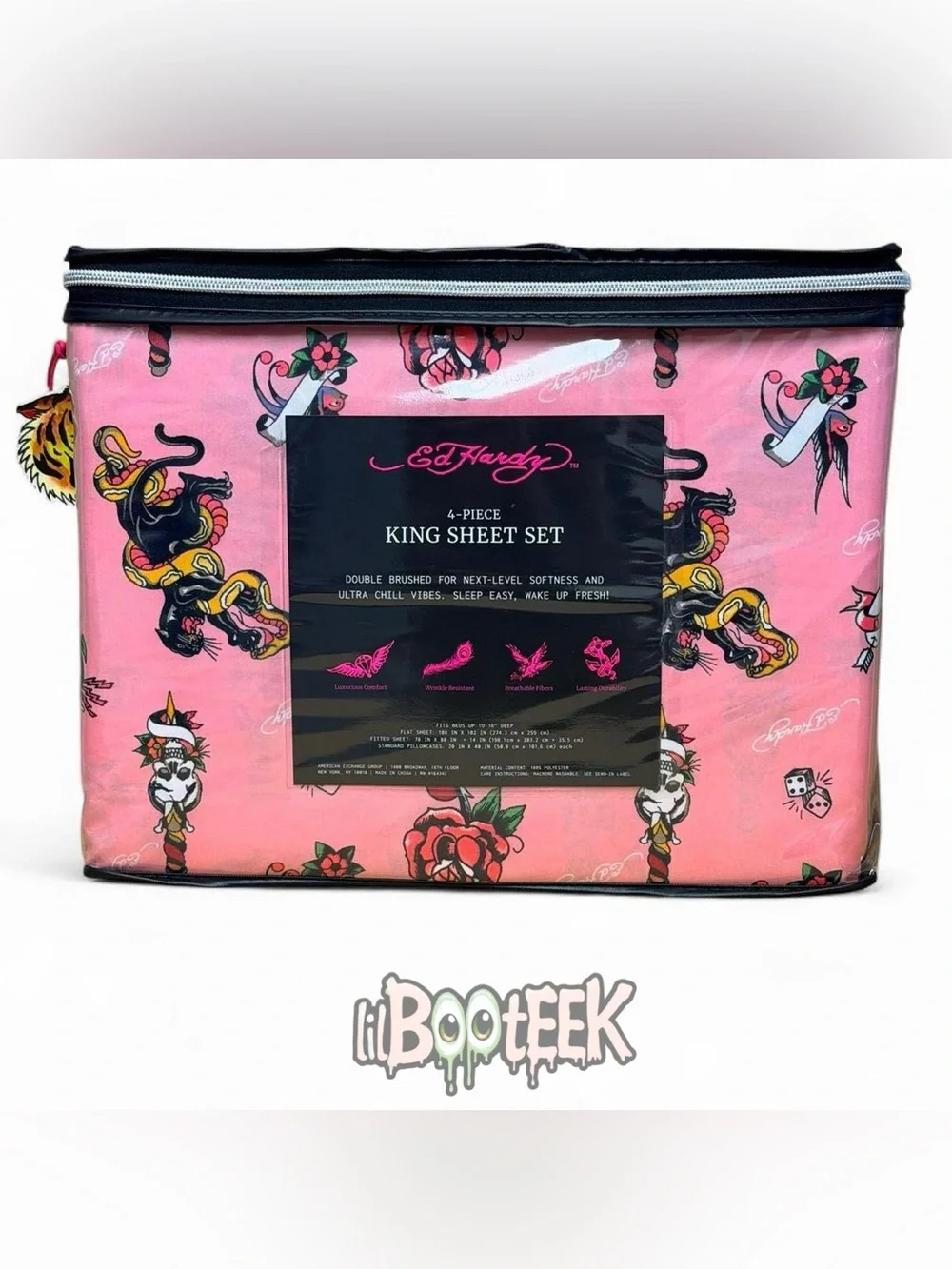 Ed Hardy 4 Piece King Size Sheet Set Pink Flash Tattoo Print NEW VIRAL Y2K